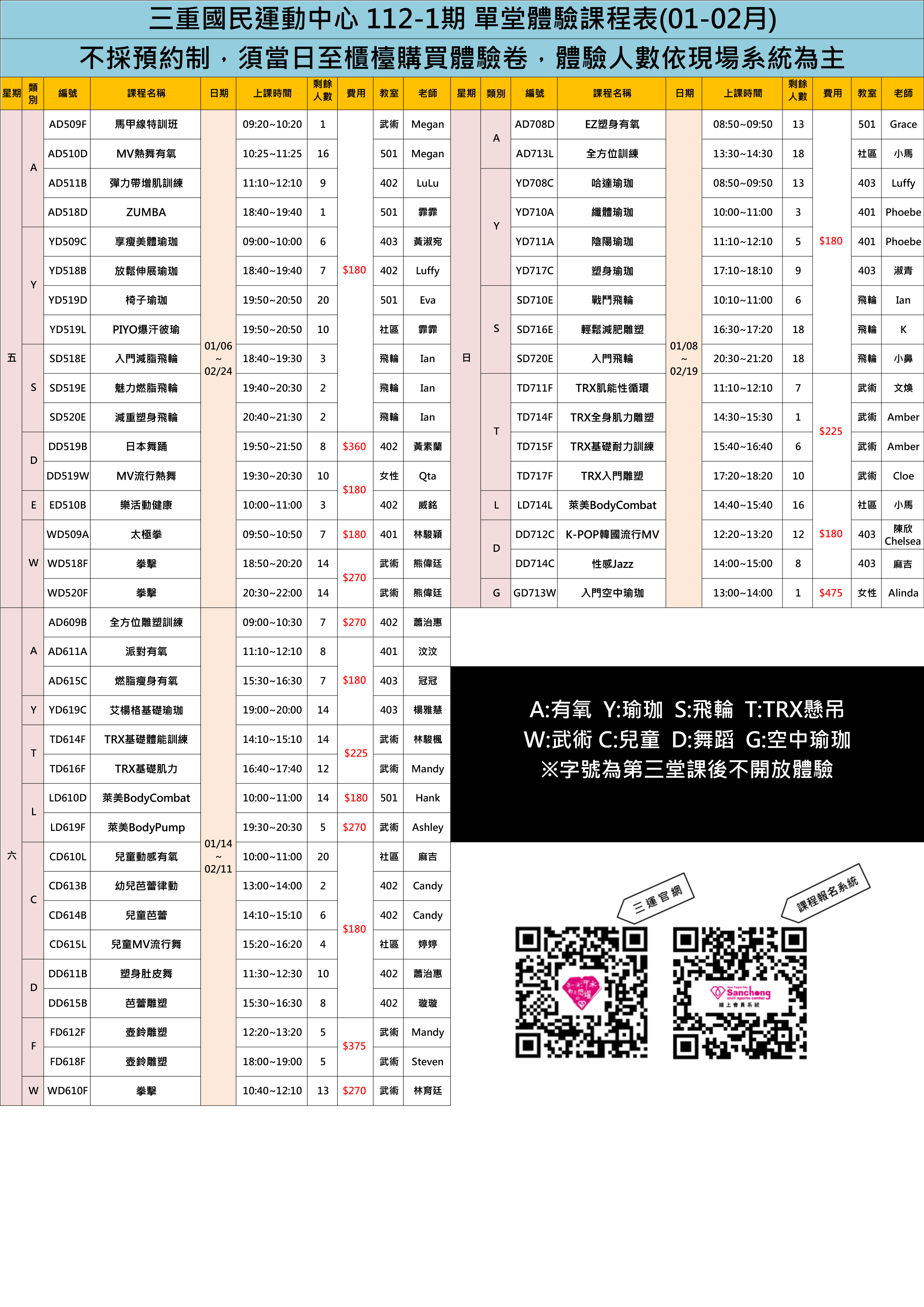 112-1期(1-2月)團體體驗課表(不定時更新)