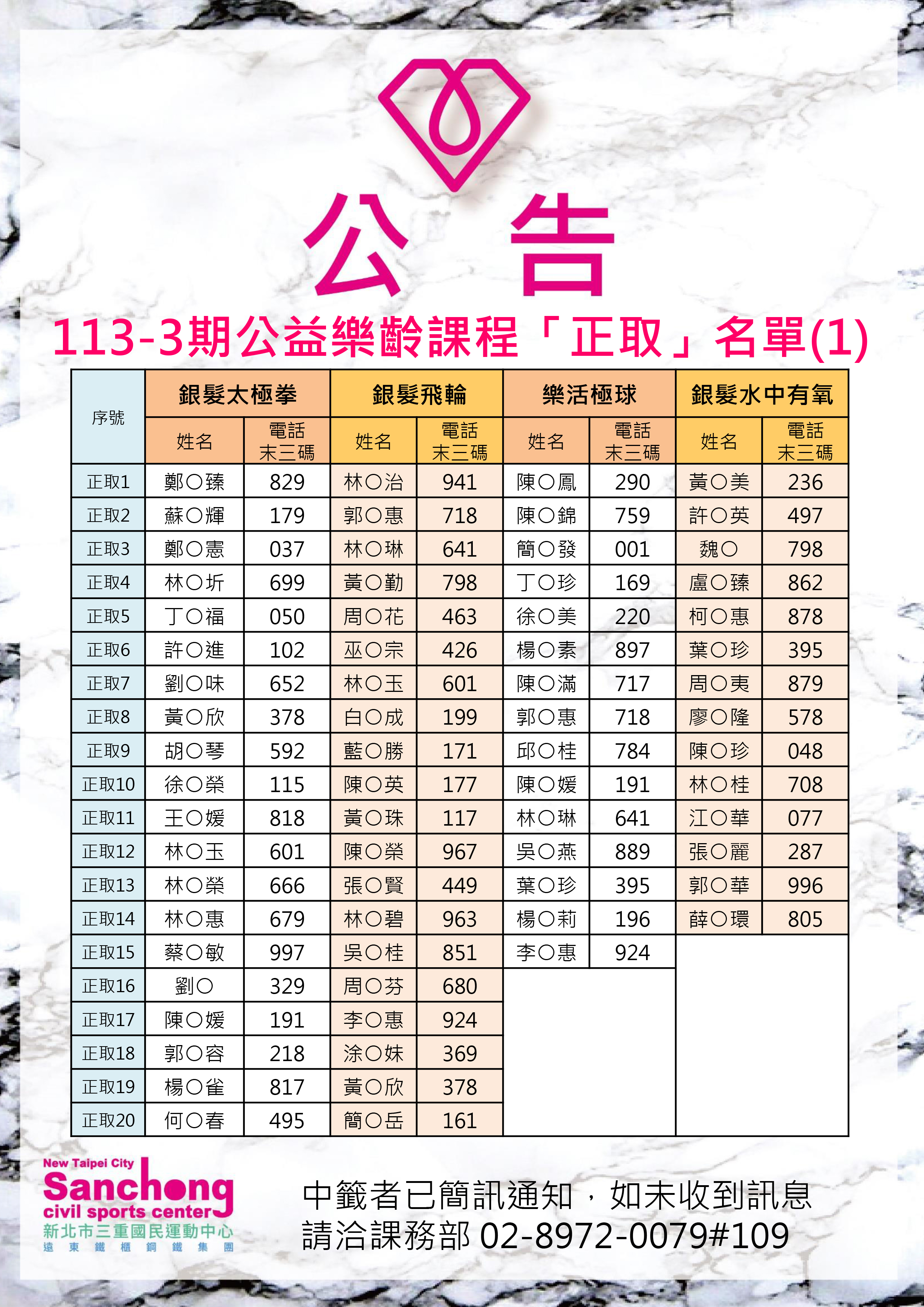 113-3樂齡中籤公告