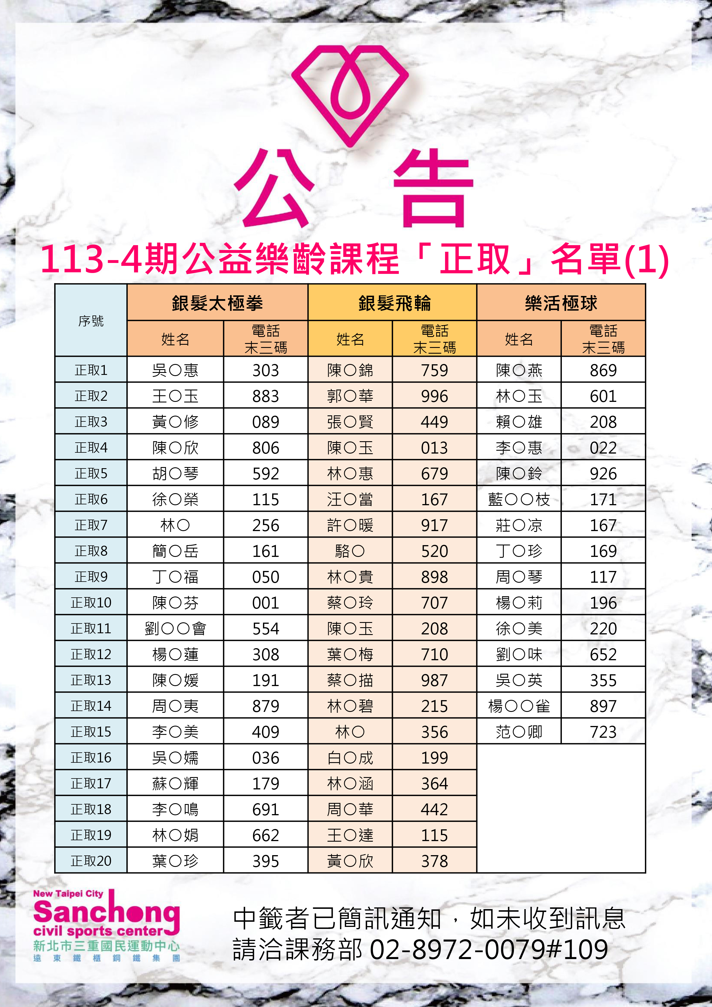 113-4期(7-8月)樂齡課程正/備取名單