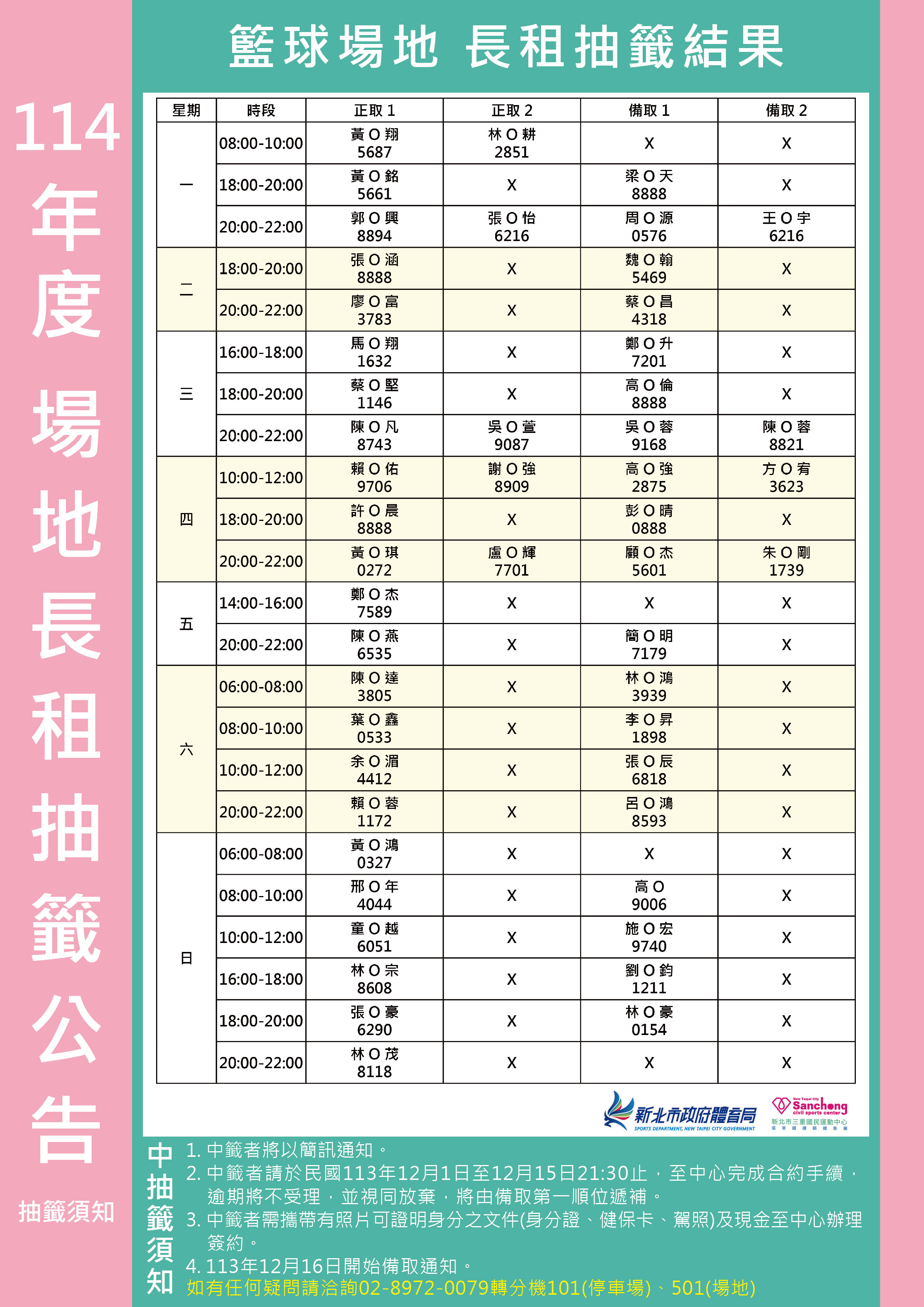 114年度籃球場地抽籤公告
